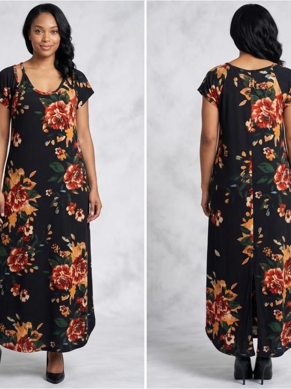 Grecerelle Navy Floral Maxi Dress W/Cold Shoulders, Size 2XL